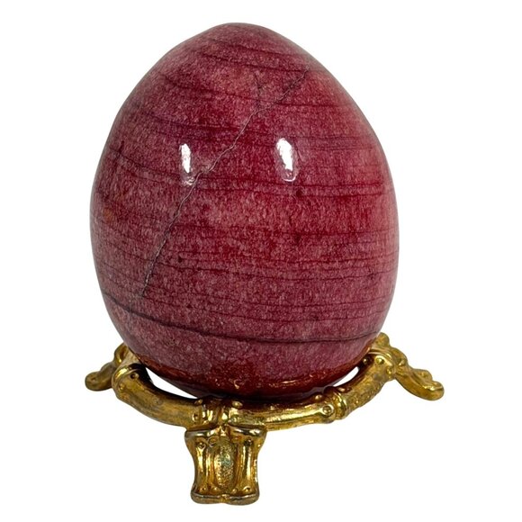 VTG Italian Polished Alabaster Marble Stone Egg Pink Red Italy + Stand Easter - Picture 3 of 7